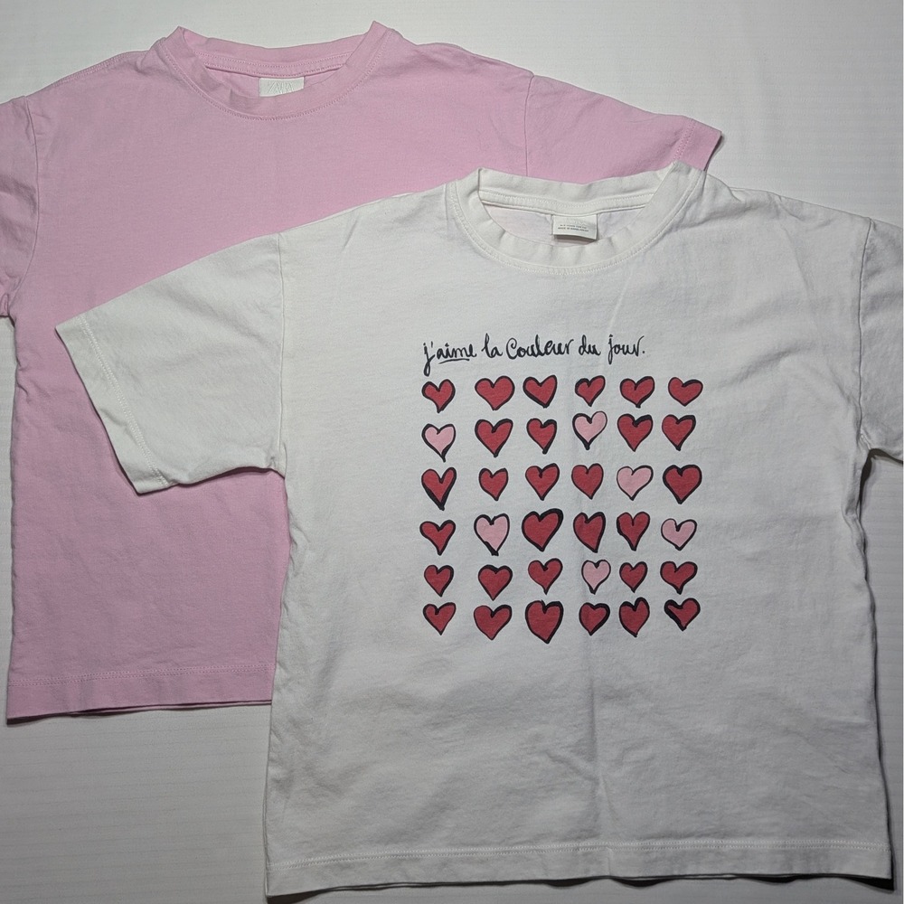 ZARA Kids 2pc T-Shirt Bundle 100% Cotton Size 6-7 Light Pink White Heart Graphic